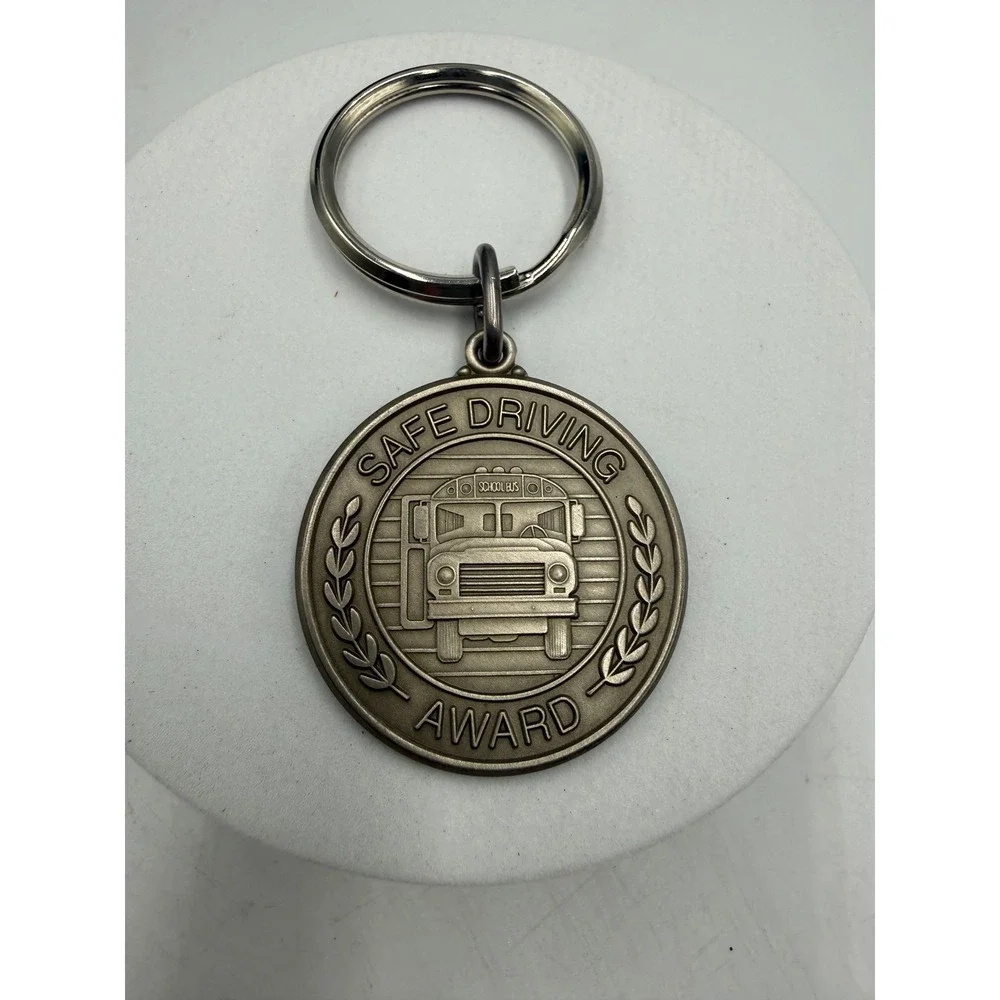 Vintage School Bus Safe Driving Award Keychain Outstanding Performance Medal Fob